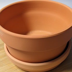 Puede incluir: Una maceta de arcilla sin esmaltar de color terracota con un platillo a juego. La maceta tiene una forma redondeada con una amplia abertura, y el platillo es un plato poco profundo. La maceta y el platillo están sobre una superficie de madera.