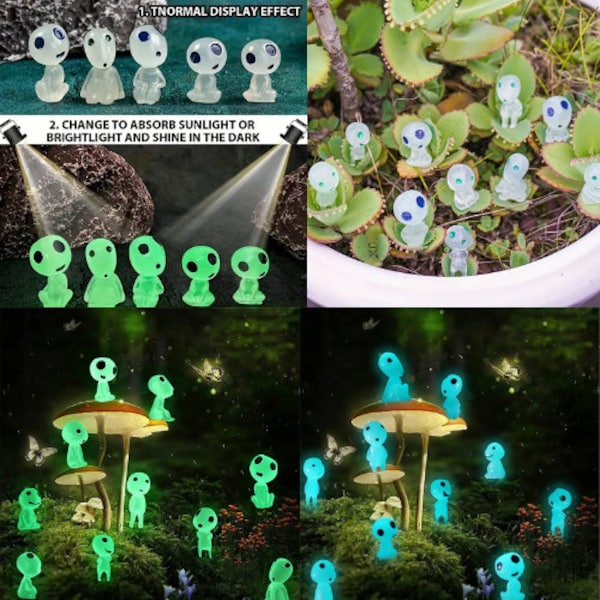 Free standing Glow in the dark Tree Spirits Elf Ghost set of 10 Alien Fairy garden spirit figurines original or with standing push pins.