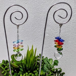 Fairy garden wand plant stake 11 or 14&quot;  suncatcher prism and 4 sets of crystal octagons and beads, with silver gold or copper wire,