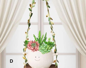 Cute Hanging Swing Face Planter Pot with Leaves & Flowers | Indoor Outdoor Resin Pot | Succulent Hanging Planter Gift,