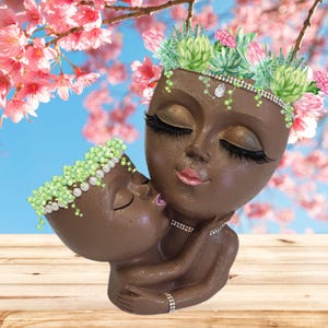 Customized brown face planter pot Double Heads  &quot;Baby kissing mommy&quot;  Original or embellished Flowerpot Female Flower Pots with Drainage
