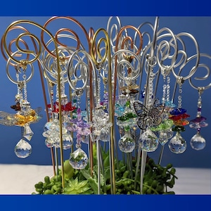 Fairy garden sun catcher wand plant pot stake 11 to 11.5  or 14 inch many styles to choose with silver gold or copper wire,