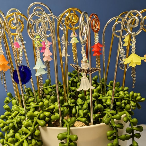 Little garden stakes 8" wands with many styles attachments in several colors, garden decorations, miniature garden, garden pots, gift idea.