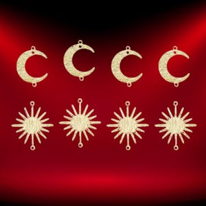 May include: Eight gold-colored celestial charms. Four crescent moons and four sunbursts are arranged in two rows against a deep red background. Each charm has a textured surface and a loop for hanging.