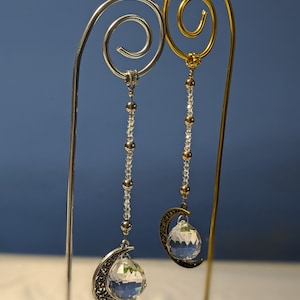 Fairy garden wand plant stake 14" sun catcher with  silver or gold half moon with a prism, all finished with AB crystal beads.