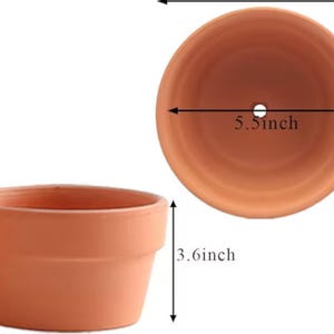 Könnte beinhalten: Terrakotta-Blumentopf, 14 cm Durchmesser und 9,1 cm hoch. Der Topf hat eine klassische runde Form mit einem Abzugsloch. Das Bild zeigt den Topf von der Seite und von oben.