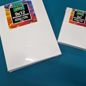 May include: Two white stretched canvas art boards. One is labeled 9x12 inches, the other is 5x7 inches. Both are wrapped in clear plastic and have colorful labels that read "KEFF Artistry".