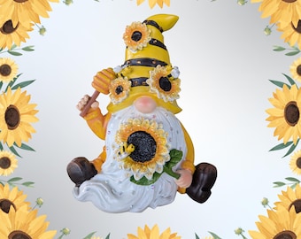 Sunflower Gnome Decor Embellished with Rhinestones • Bee Honey Gnome Figurine • Hand Decorated Summer Fall Gnome • 6x6” Shelf or Tier Tray