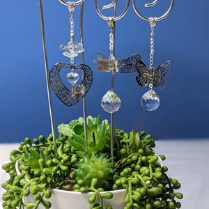 Fairy garden sun catcher wand plant pot stake 14 to 16 inch with heart, firefly or butterfly to choose with silver 3 mm aluminum wire.