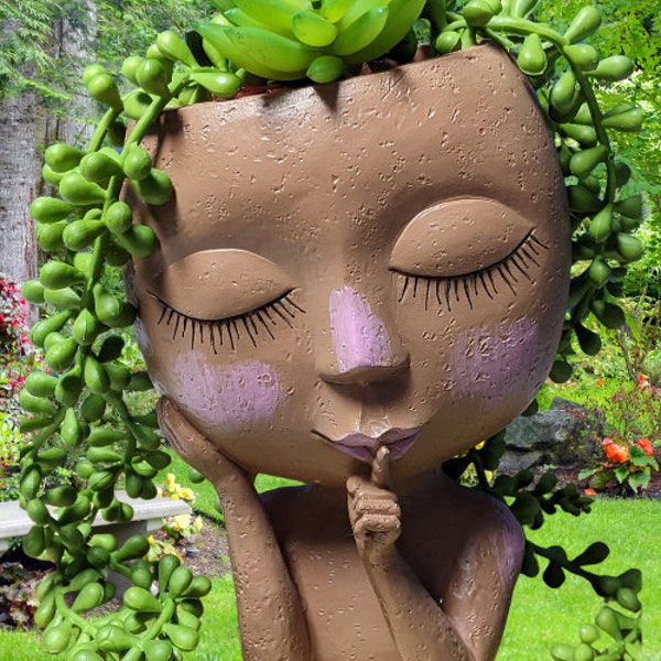 Brown girl face "Tracy" planter in a silence gesture, Succulent cactus or small plants planter, home decoration.