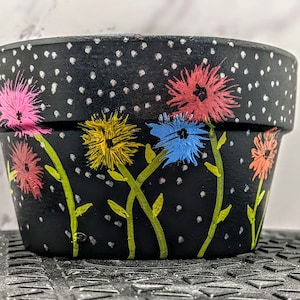 May include: Black terracotta flower pot with white polka dots and hand-painted flowers in pink, yellow, blue, and orange.