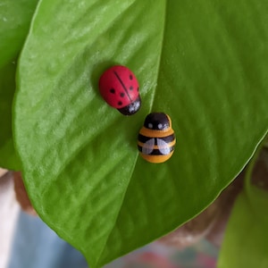 May include: A red ladybug and a yellow and black bee are on a green leaf. The ladybug has black spots and the bee has black stripes.