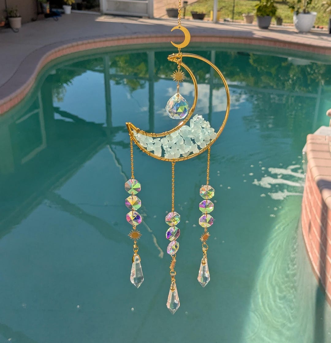 Half Moon Crystal Suncatcher 18” Window Prism Rainbow Maker Hanging ...