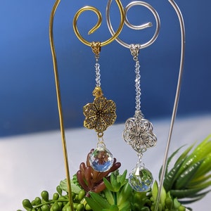Fairy garden wand plant stake 11 or 14"  suncatcher with lotus charm silver or gold with crystal prism, in silver gold or copper wire,