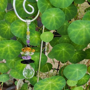 Custom made Fairy garden wand plant stake 11&quot; suncatcher prism and 4 sets of octagons and upper row beads in your choice of colors.