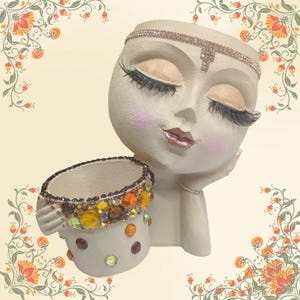 Vicky Amber, Decorated Face Planter with Lashes & Rhinestones, Glam Girl Plant Pot | Drainage Hole, Boho Amber Decor, Makeup Style Planter