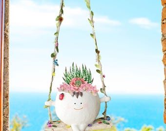 Smiley Face Boy Planter Pot on Swing with Flowers & Butterfly | Hanging Resin Planter for Succulents | Cute Garden Decor Gift