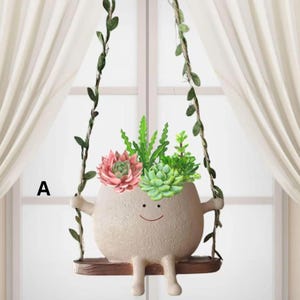 Cute Hanging Swing Face Planter Pot with Leaves & Flowers | Indoor Outdoor Resin Pot | Succulent Hanging Planter Gift,