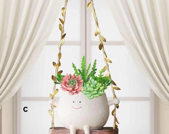 Cute Hanging Swing Face Planter Pot with Leaves & Flowers | Indoor Outdoor Resin Pot | Succulent Hanging Planter Gift,