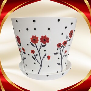 Hand Painted Floral Plastic Planter Pot with Saucer, White  Pot with Black Rhinestones, Decorative Indoor Planter, Unique Plant Lover Gift