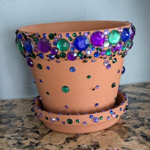 Terracotta Planter with Glass Rhinestones | 4" Decorative Flower Pot with Saucer | Handmade Bling Plant Pot | Gift for Plant Lovers