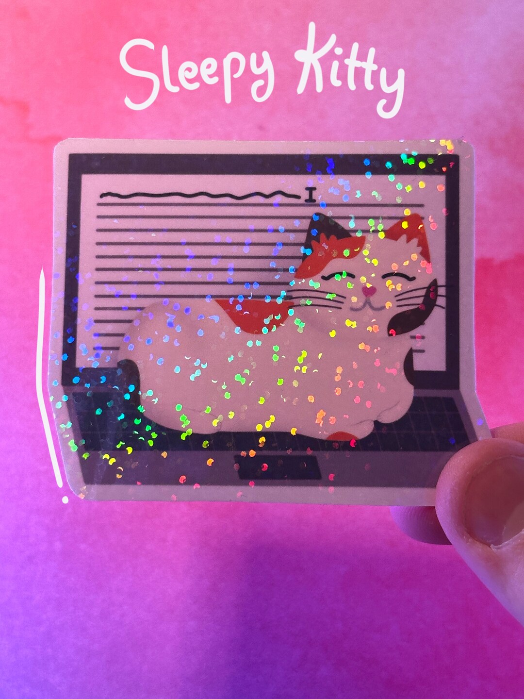 Sleepy Kitty Holographic Sticker | Waterproof Vinyl Decal | Cute Cat on ...