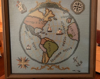 70s handmade needlepoint of Western Hemisphere