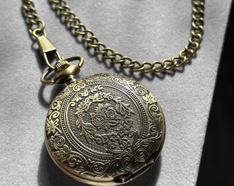 Vintage Looking Pocket Watch, Vintage Quartz, Classical Sculptured Fob Pocket Watch