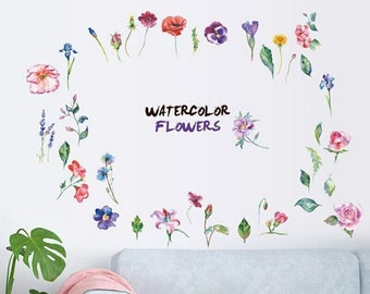 Sticker Wandaufkleber Wandtattoo Blumen Rosen Blätter - in Aquarellfarben