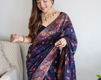 Indian|Pakistani Festival Women with Beautiful Printing Work Blue Saree| Bollywood Blue saree Kadva technique Beautiful  Saree For Women