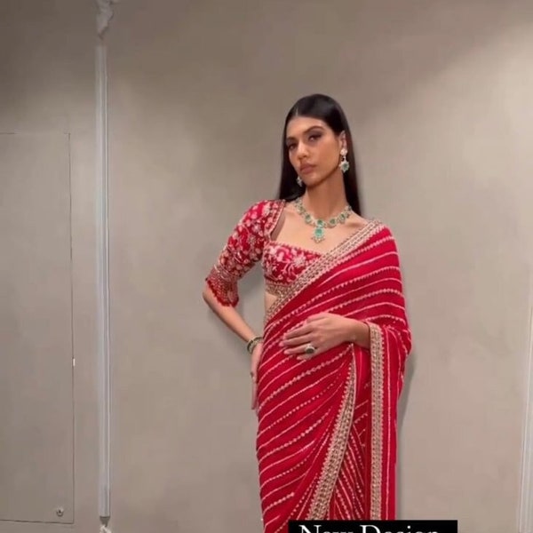 Authentique sari indien avec chemisier surpiqué, paillettes et travail miroir | Pallu&Blouse Parfaite pour les mariages et les fêtes