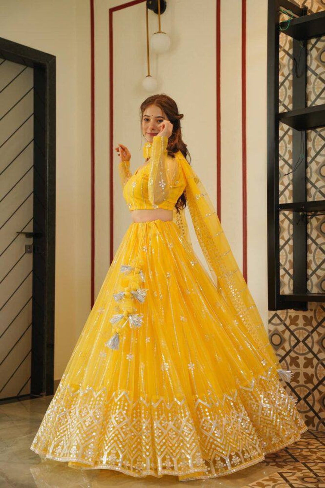 Buy Yellow Net & Crepe Suit With Sequins & Stones Work | Stylish dresses  for girls, Sleeves designs for dresses, Party wear indian dresses