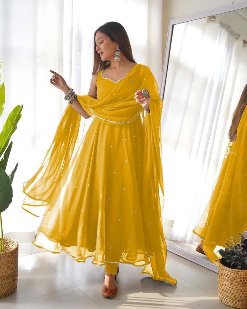 Buy Yellow Cotton Embroidered Designer Gown Online : 66763 -