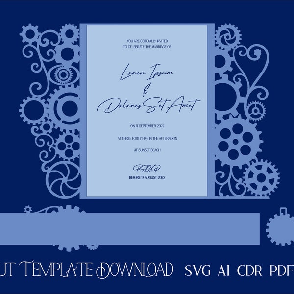 STEAMPUNK Invitation Cut Template 5x7 gatefold laser cut Cricut Cameo SVG PDF Cdr Ai digital cutting template download