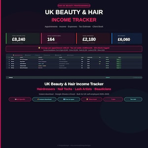 May include: A digital UK Beauty & Hair Income Tracker spreadsheet for professionals. The interface displays financial data including total income of £8,240, 164 clients, £2,180 in expenses, and £6,060 net profit, with a detailed appointment log table.