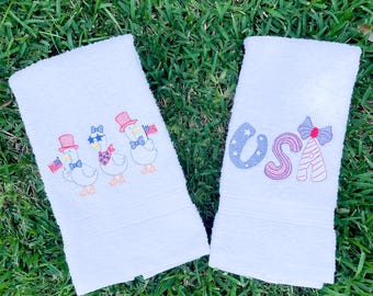Patriotic Embroidered Hand Towels- American, 4th of July, USA towels