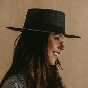 Black summer straw hat with ribbon | Black boater sunhat for women