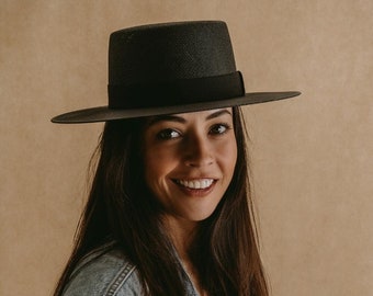 Black boater hat women | Black straw hat for women | Black sun hat | Black summer hat