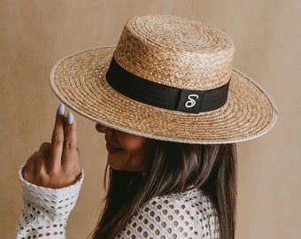 Boater| Palm straw boater Hat | Wide flat and stiff brim | Summer elegant hat |  Gambler style