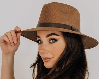 Brown Panama style hat with a small and stiff brim | Women's sun hats made by straw | | Fedora small brim | Straw Fedora | Summer sun  Hat