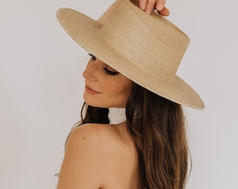 Boater | Premium Straw Hat | Summer hat made of palm straw | Boater hat for women | Flat wide  stiff brim | Wedding hat | Cottagecore