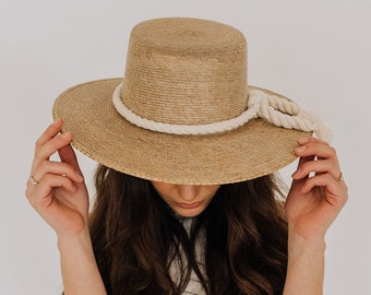 Boater | Straw summer hat with macrame cord | Boater hat for women | Wide flat and stiff brim | Wedding hat| Boho style