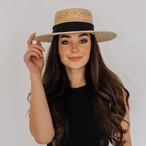 Boater hat wide brim | Palm straw boater Hat | Wide flat and stiff brim | Summer elegant hat |  Gambler style | Sundress hat