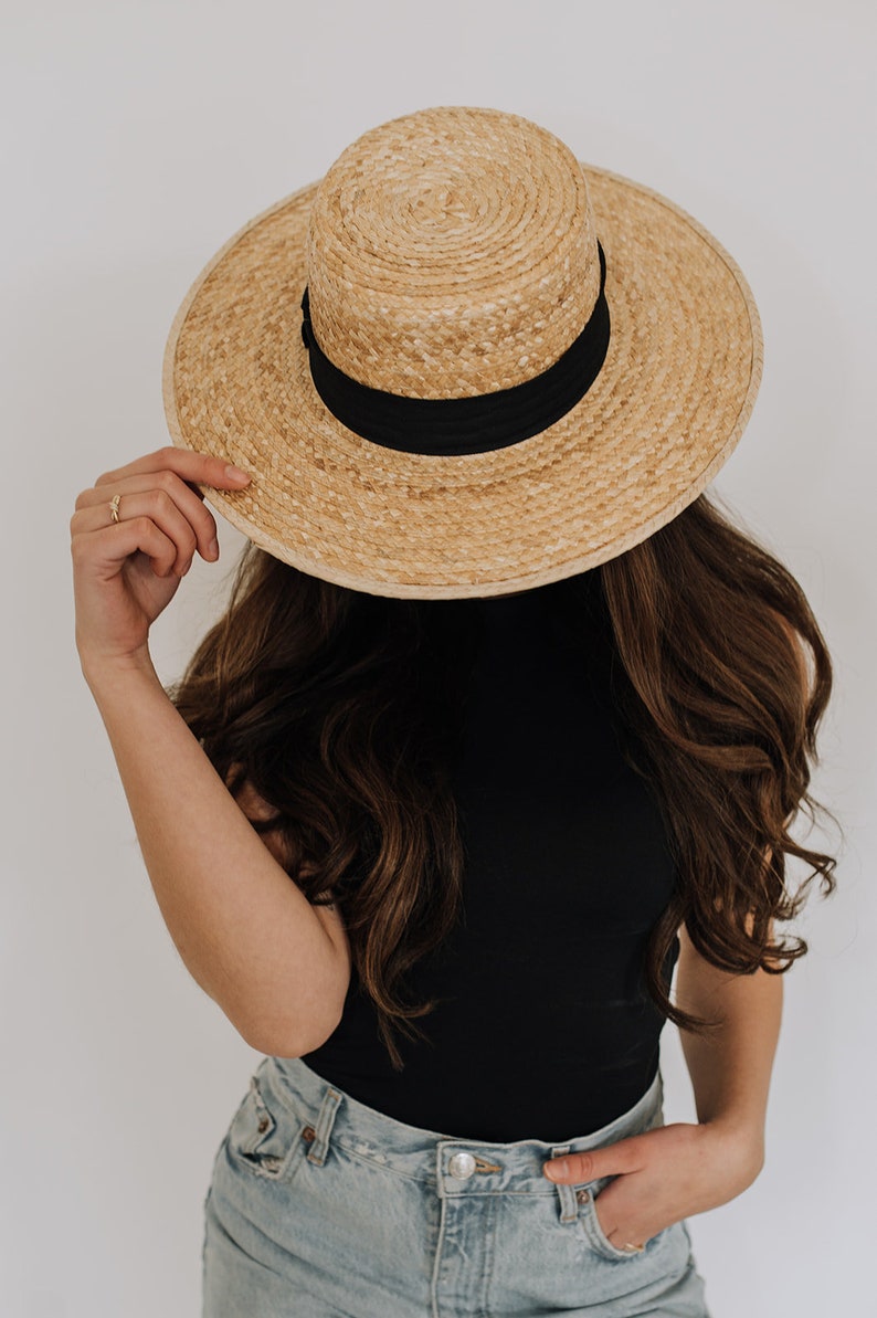 Boater Hut mit breiter Krempe Boater Hut aus Palmstroh Breite flache und steife Krempe Eleganter Sommerhut Gambler-Stil Bild 4