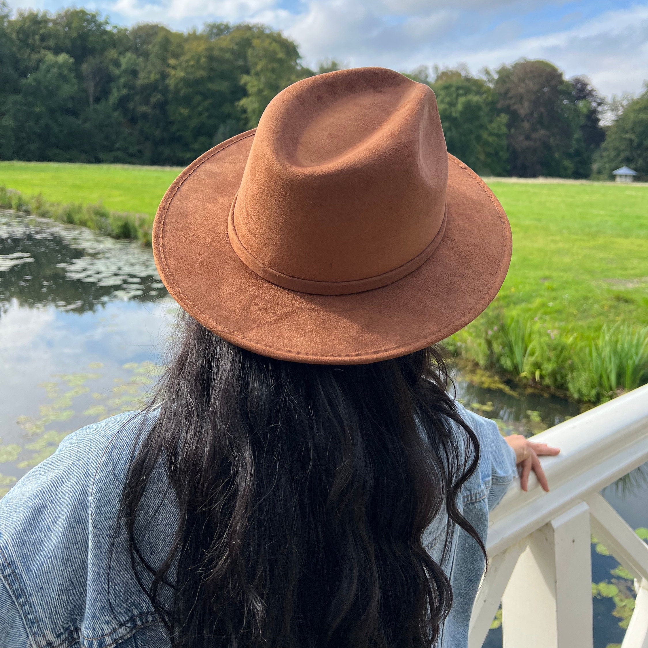 Brown Faux Suede Wide Brim Fedora Western Ranch Hat Boho Adjustable Camel Vegan Suede Wide Brim Fedora Hat in Camel Brown With Leather  main image 3
