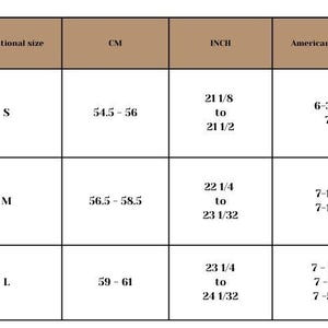 May include: A chart showing hat sizes in inches and centimeters, along with the corresponding American hat size. The chart includes sizes S, M, and L.