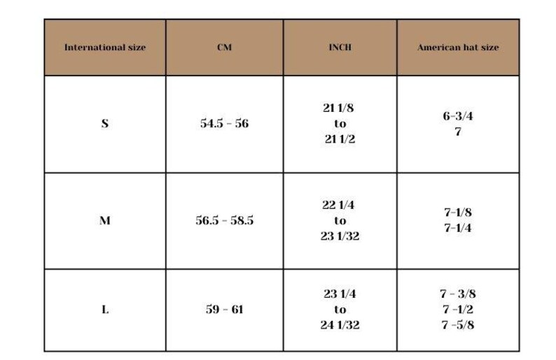 May include: A chart showing hat sizes in inches and centimeters, along with the corresponding American hat size. The chart includes sizes S, M, and L.