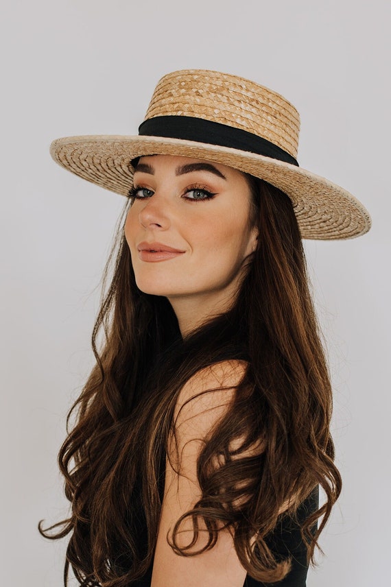 Straw Boater Hat for Women With a Wide and Stiff Brim Palm Straw