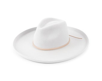 Wool Felt Fedora Hat Women: Wide Brim Pencil Roll - Gray Ivory