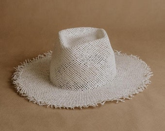 Straw hat | White beach hat | Fedora straw with a wide brim hat | Boho style | Summer straw hat for women